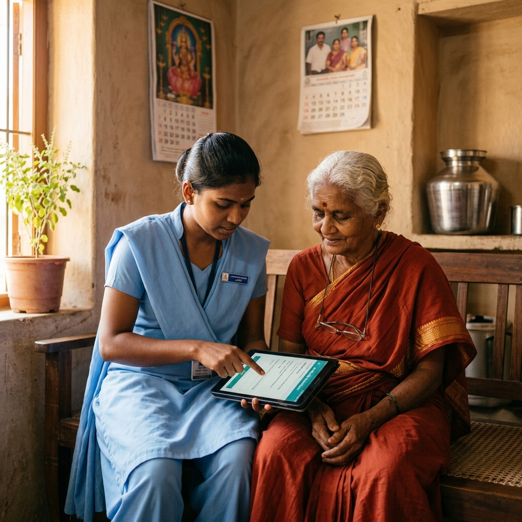 Community health worker collecting elderly assessment data at home
